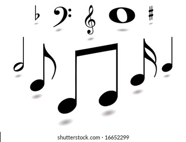 Collection of musical notes with drop shadow in black