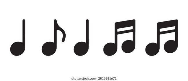 Collection of musical notes including crotchet, quaver, semiquaver, and beamed notes. Isolated.