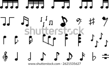 A collection of musical notes pixel icon set in various shapes and sizes
