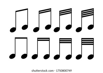 Colección de notas musicales. Conjunto de notas musicales. Silueta negra aislada sobre fondo blanco. Ilustración del vector