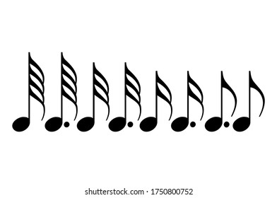 A collection of musical notes. Set of music notes. Black silhouette isolated on white background. Vector illustration