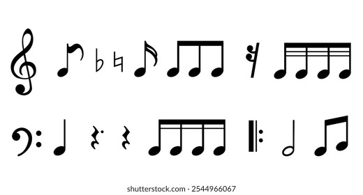 Collection of musical notes and symbols. Elements for sheet music, education, and musical notation.