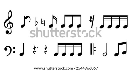 Collection of musical notes and symbols. Elements for sheet music, education, and musical notation. [[stock_photo]] © 