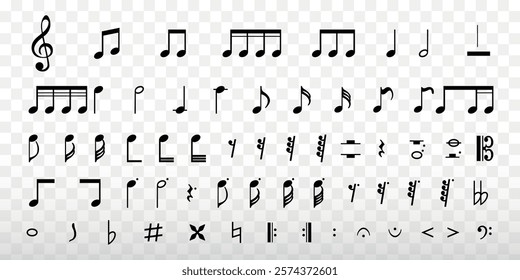 A collection of musical notes and symbols, featuring various note designs, rests, and clefs. Musical notes and symbols in a clear, detailed arrangement. Music elements, vector set.