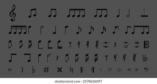 A collection of musical notes and symbols on a dark background. Includes treble clef, notes, and rests. Perfect for music, notes, and symbol designs. Music elements, vector set.