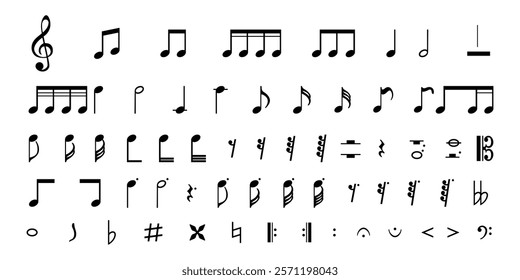 A collection of musical notes and symbols. Musical notes in various shapes. Symbols include treble clef, rests, and more. Perfect for music education and design. Music elements, vector set.