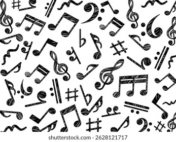 A collection of musical notes and symbols. Musical notes in various shapes. Symbols include treble clef, rests, and more. Perfect for music education and design. Music elements, vector set.