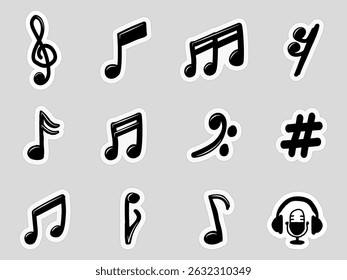 A collection of musical notes and symbols. Musical notes in various shapes. Symbols include treble clef, rests, and more. Perfect for music education and design. Music elements, vector set.