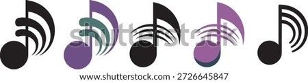 Collection of musical notes in various colors including purple green and black, with beamed eighth notes and quarter notes, perfect for music related designs and backgrounds.