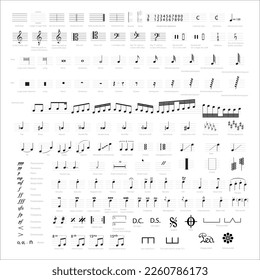 Collection of musical symbols and notes. Musical notation.