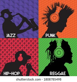 collection of musician silhouettes. 4 different genres of music with 4 different colors, silhouettes and patterns. ready to print vector art.