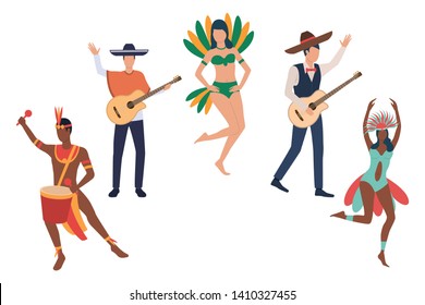 Collection of musicians at Brazilian carnival. Happy men and women in traditional costumers at traditional annual celebration. Vector illustration for promo, leaflet, commercial