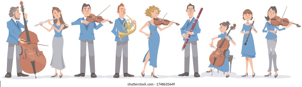 Colección de músicos de fondo blanco. Actuando con violín, viola, cello, contrabando, flauta, cuerno francés, baszón y oboe. Ilustración vectorial al estilo de las caricaturas planas.