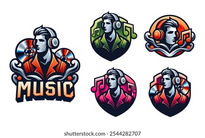 Uma coleção de logotipos com temas musicais apresentando uma figura masculina com fones de ouvido, cercada por notas musicais e discos de vinil. Os designs variam em cor e estilo, demonstrando criatividade em marcas de música.