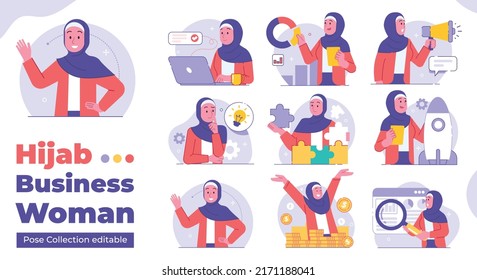 Collection of Muslim business women wearing hijab in various business poses