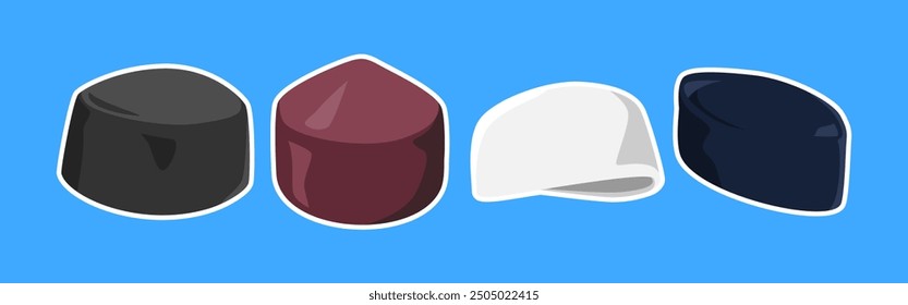 Colección de gorra musulmana, gorra de cráneo, songkok o kopiah con estilo plano. Aislado sobre fondo azul. Ilustración vectorial.