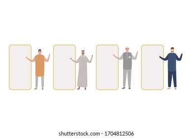 a collection of Muslim characters is behind the text board vector illustration