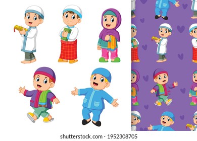 The collection of the muslim children with they colorful outfit of the illustration