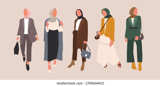 Collection of Muslim Girls Wearing Comfortable Office Looks in Simple Flat Illustration Style. Female Hijab Business Entrepreneur Pose Concept.