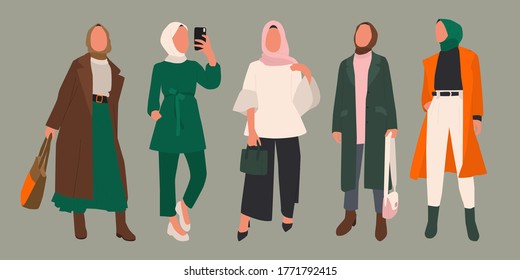 Collection of Muslim Girls Wearing Fashionable Office Looks in Simple Flat Illustration Style. Female Hijab Business Entrepreneur Concept.