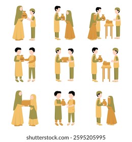 Collection of Muslim Giving Zakat in Ramadan, Muslim Charity Illustration