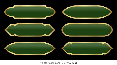 Collection of Muslim green frames of different shapes with gold border Isolated on black background. Islam frames. Arab, Indian, Turkish shapes set. Traditional vintage Arabians design elements.