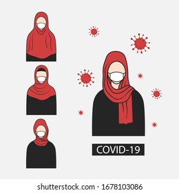 Collection of muslim womans in medical face masks, Arab countries. Vector background, hand drawn icons set. Colorful elements, portraits. Illustration with arabic women. Corona virus. COVID-19