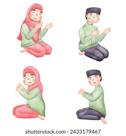 Collection of Muslim women and men praying in watercolor