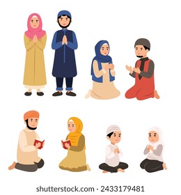 Collection of Muslim women and men praying and greeting