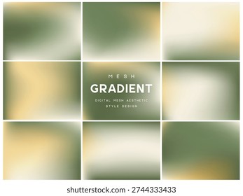 Collection of muted olive and sand mesh gradients. Abstract organic backgrounds for eco, botanical and minimal nature designs. Soft blurred textures for web and print, vector illustration.