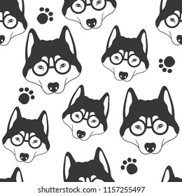 Collection of muzzle of dogs with glasses, hand drawn backdrop. Black and white seamless pattern with muzzles of animals, paws. Decorative wallpaper, good for printing. Overlapping background vector