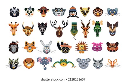 Collection of muzzles of wild animals in an unusual style. Geometric animal avatars.