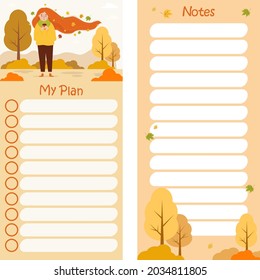 Collection - My Plan and Notes. Fall affairs planner. girl with flowing hair and autumn leaves with list of note Against the background of an autumn landscape. Vector illustration. vertical template 