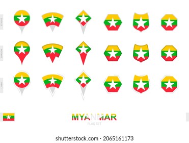 Collection of the Myanmar flag in different shapes and with three different effects. Vector flag set.