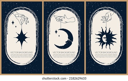 Collection of mysterious vector illustrations for stories templates, mobile app, landing page, web design, posters. Occult magic background for astrology, divination, tarot concept. Sun, moon, star.