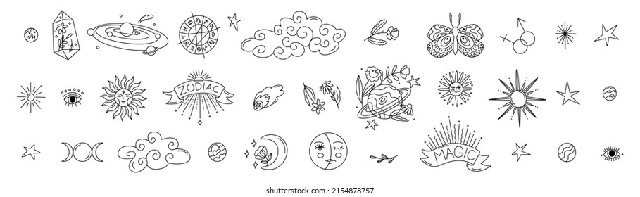 Collection Of Mystical And Astrological Icons. Astro Tattoo Or Stickers. Decor For Natal Chart And Horoscopes. Zodiac Signs. Big Esoteric Set. Line Art In Vector Illustration. Isolated Elements.