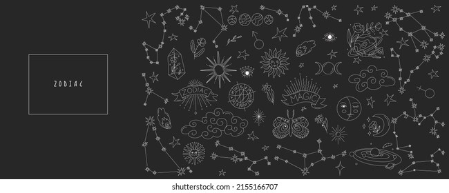 Collection Of Mystical And Astrological Icons. Astro Tattoo. Decor For Natal Chart And Horoscopes. Zodiac Signs, Constellations. Big Esoteric Set. Line Art In Vector Illustration. Isolated Elements.