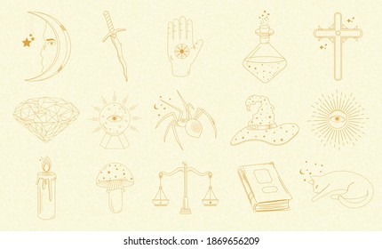 Collection of Mystical and Astrology objects, cat, book, candle, sword, magic ball, sun, spider and others, human hands. Minimalistic object made in the style of one line. Editable vector illustration