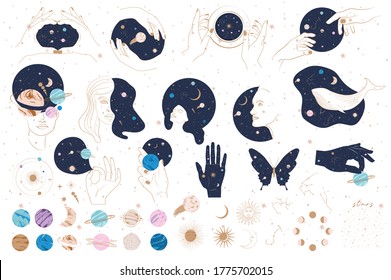 Collection of Mystical and Astrology objects, Woman face, Space objects, planet, constellation, human hands. Minimalistic objects made in the one line style. Editable vector illustration.