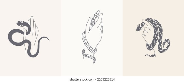 A collection of mystical boho-style templates. Hand-drawn esoteric magic hands with a snake, simple female emblem design.