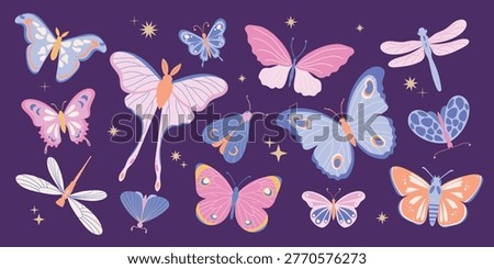 Collection of mystical celestial butterflies, moths and dragonflies. Set of abstract insects