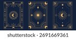 Collection Of Mystical Celestial Designs For Tarot Card Backs Featuring Sun, Moon, And Stars In Ornate Gold Frames On Dark Blue Background
