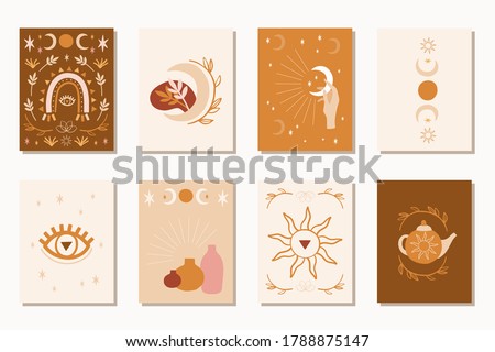Collection of mystical, celestial and mysterious illustrations in hand drawn style. Lunar, magic rainbow, sun, hands. Minimalistic boho objects. Vector Illustration cards.