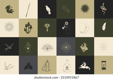 Collection of mystical icons with astrology objects, fantasy animals, mythical creature, esoteric and boho objects. Perfect for logotype or social media. Editable vector illustration