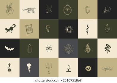 Collection of mystical icons with astrology objects, fantasy animals, mythical creature, esoteric and boho objects. Perfect for logotype or social media. Editable vector illustration