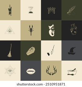 Collection of mystical icons with astrology objects, fantasy animals, mythical creature, esoteric and boho objects. Perfect for logotype or social media. Editable vector illustration