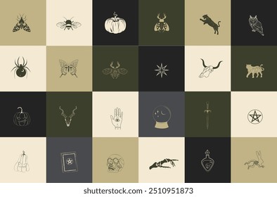 Collection of mystical icons with astrology objects, fantasy animals, mythical creature, esoteric and boho objects. Perfect for logotype or social media. Editable vector illustration