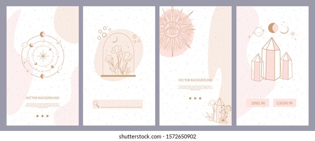 Collection of mystical and mysterious background for social media promotional content. Mobile App, Landing page,Web design in hand drawn style. Minimalist objects made in the style of one line