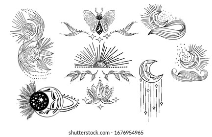 Sammlung von mystischen und geheimnisvollen Kompositionen, Mond, Insekt, Weltraumobjekte, Sonne, Bug, Lotus. Rahmenobjekte im linearen Stil. Bearbeitbare Vektorillustration-Illustration.