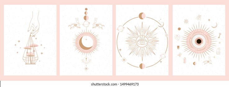 Collection of mystical and mysterious illustrations in hand drawn style. Skulls, animals, space objects, magic ball, crystals, hands. Minimalistic objects made in the style. 